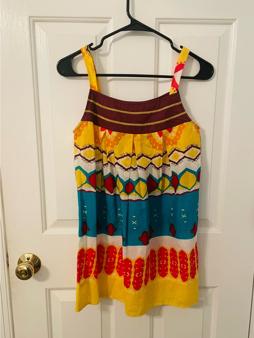 Aryeh Yellow, Teal & Maroon Printed Spaghetti-Strap Tunic